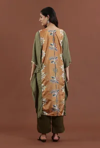 Set of 2: Elegant Olive Green Kalamkari Printed Muslin Silk Kaftan Kurta with Shantoon Pants Set image 4