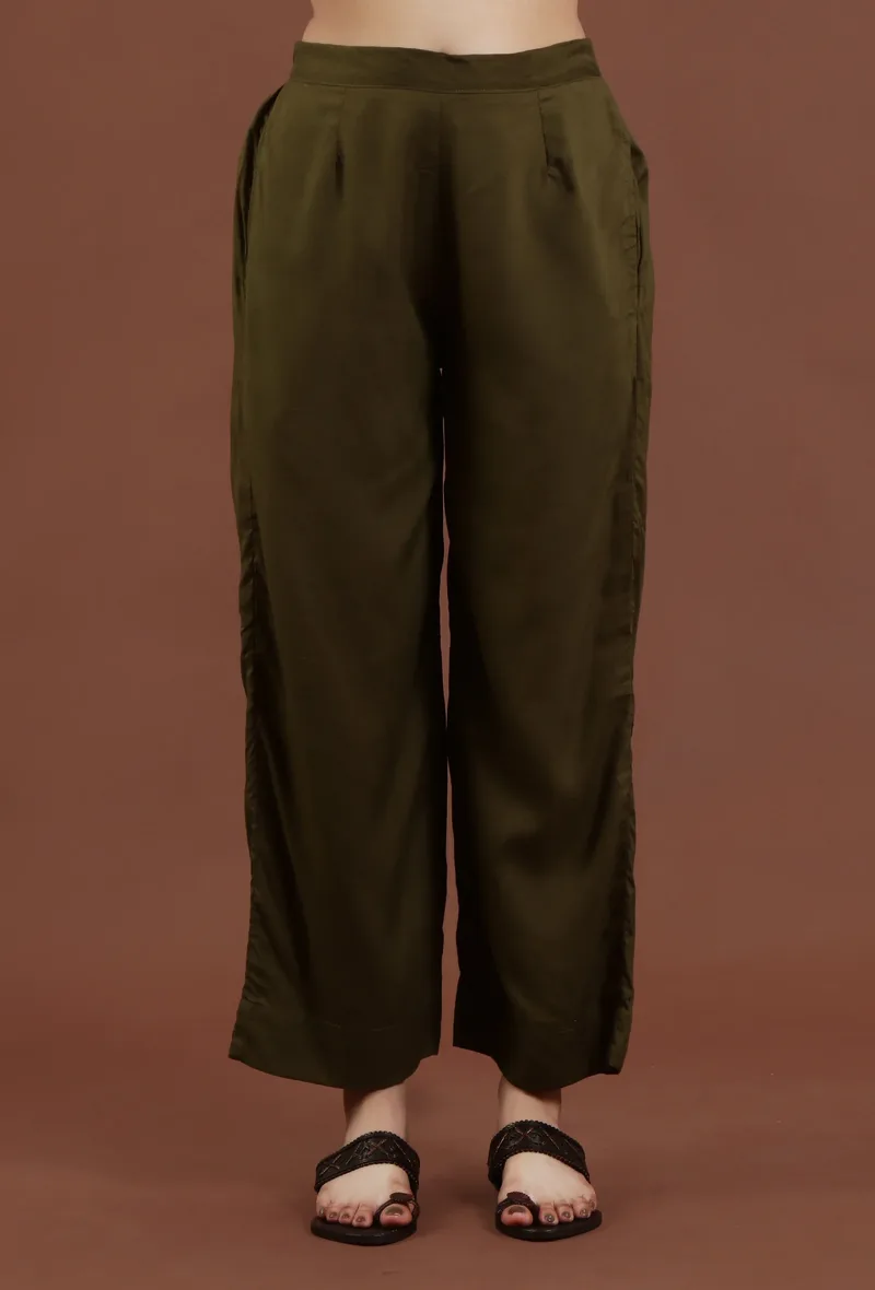 Solid Olive Shantoon Straight Fit Ethnic Pant