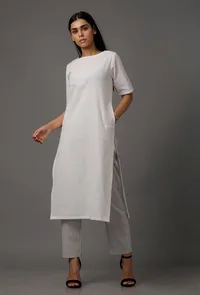 White Pure Woven Cotton Kurta image 1
