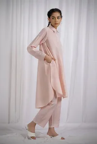 Set Of 2: Orange Striped Cotton High Low Full Sleeves Shirt Kurta With Cotton Orange Striped Straight Pants image 2