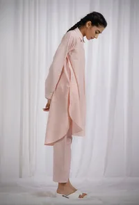 Set Of 2: Orange Striped Cotton High Low Full Sleeves Shirt Kurta With Cotton Orange Striped Straight Pants image 3