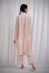 Set Of 2: Orange Striped Cotton High Low Full Sleeves Shirt Kurta With Cotton Orange Striped Straight Pants image 4