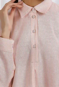 Set Of 2: Orange Striped Cotton High Low Full Sleeves Shirt Kurta With Cotton Orange Striped Straight Pants image 5