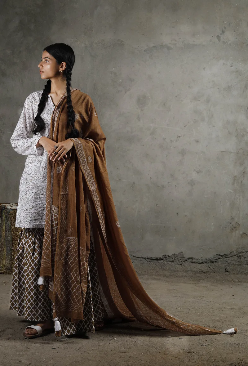 Brown Block Printed Dupatta