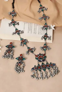 Afghani Silver Plated Multi Meenakari Ghungroo Tassel Necklace Set image 1
