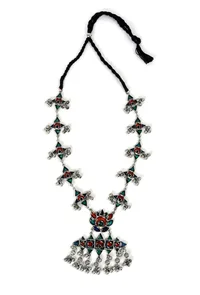 Afghani Silver Plated Multi Meenakari Ghungroo Tassel Necklace Set image 2