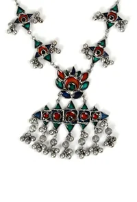 Afghani Silver Plated Multi Meenakari Ghungroo Tassel Necklace Set image 4