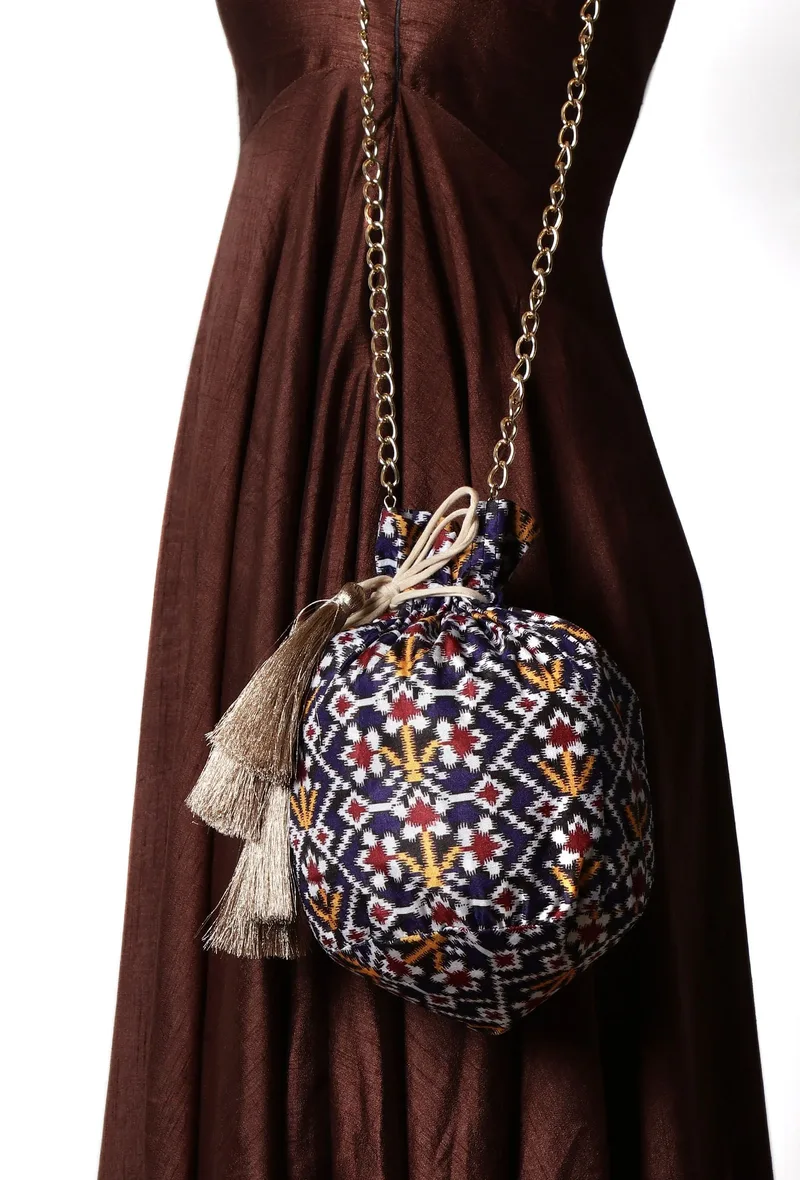 Chahat Blue, White & Multi Silk Patola Print Potli With Tassels