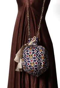 Chahat Blue, White & Multi Silk Patola Print Potli With Tassels image 1