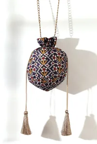 Chahat Blue, White & Multi Silk Patola Print Potli With Tassels image 2
