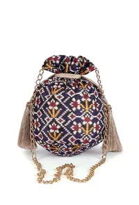 Chahat Blue, White & Multi Silk Patola Print Potli With Tassels image 3
