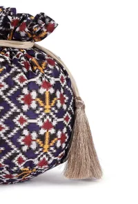 Chahat Blue, White & Multi Silk Patola Print Potli With Tassels image 5