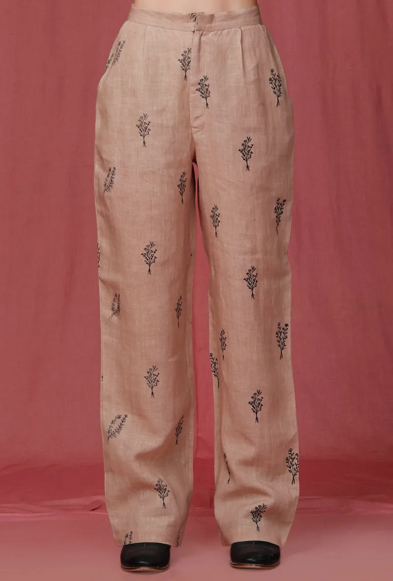Brown Handblock Printed Linen Pant