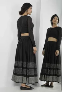 Set of 2: Kaani Black and White Tri- Pattern Hand-Block Printed Tasseled Kota Skirt and Plain Black Full Sleeves Blouse image 1