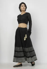 Set of 2: Kaani Black and White Tri- Pattern Hand-Block Printed Tasseled Kota Skirt and Plain Black Full Sleeves Blouse image 3