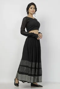 Set of 2: Kaani Black and White Tri- Pattern Hand-Block Printed Tasseled Kota Skirt and Plain Black Full Sleeves Blouse image 4