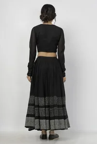 Set of 2: Kaani Black and White Tri- Pattern Hand-Block Printed Tasseled Kota Skirt and Plain Black Full Sleeves Blouse image 5