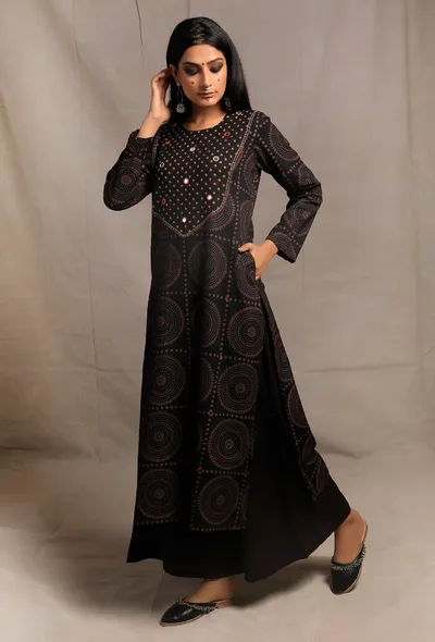 Black Hand block Printed A line kurta Dress With Hand Embroidery