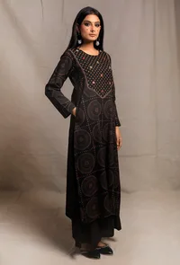 Black Hand block Printed A line kurta Dress With Hand Embroidery image 2