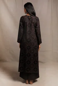 Black Hand block Printed A line kurta Dress With Hand Embroidery image 3