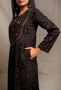 Black Hand block Printed A line kurta Dress With Hand Embroidery image 4