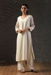 Beige Organza V-neck Kurta image 1