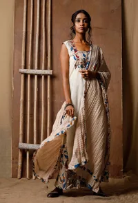 Set Of 3: Off White Kalamkari Kurta, Palazzos And Dupatta image 1