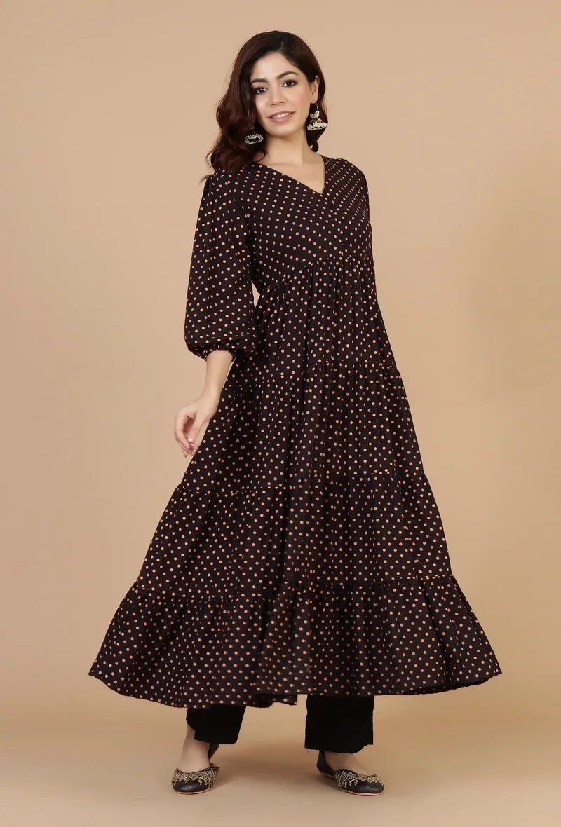 Black Rayon Polka Printed Tiered Dress