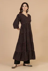 Black Rayon Polka Printed Tiered Dress image 2