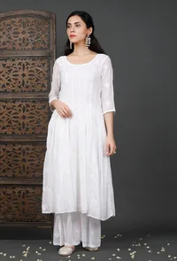 Set Of 2: Embroidered Kalidar White Kurta And Sharara image 1