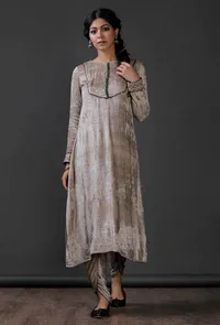 Grey Velvet front yoke lace embroidered kurta image 1