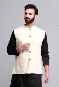 Off White Cotton Nehru Jacket image 1