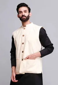 Off White Cotton Nehru Jacket image 2