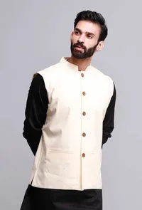 Off White Cotton Nehru Jacket image 3