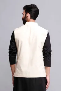 Off White Cotton Nehru Jacket image 4