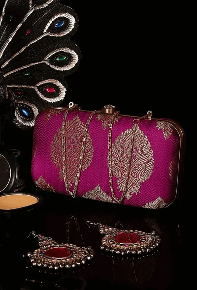 Berry Pink Brocade Box Clutchwith Sling (8 X 2 X 4.5)