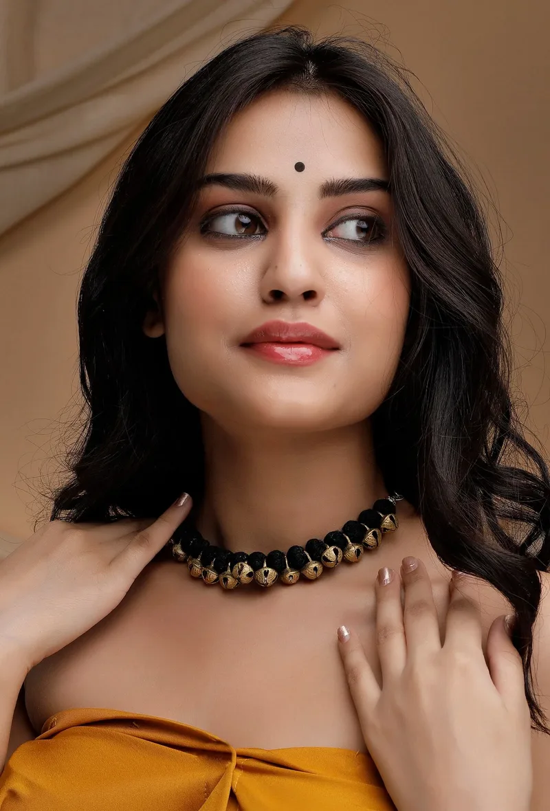 Onyx Black Thread Silver Tribal Necklace