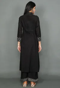Set of 2: Black Collared Kurta & Pallazo With Kantha Embroidery image 3