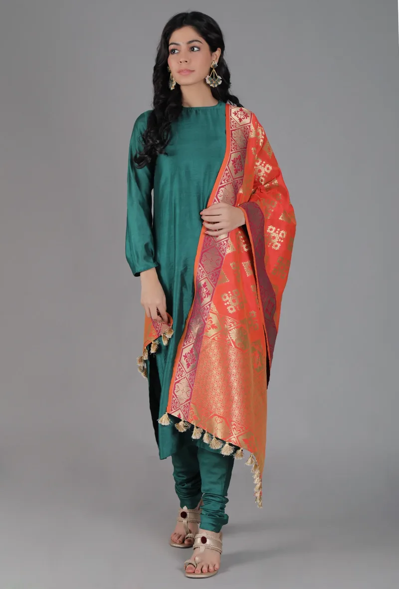 Pumpkin Orange Chanderi Brocade Dupatta