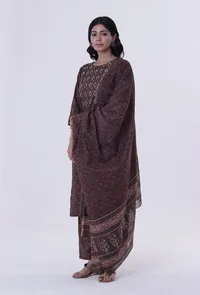 Set Of 3: Block Printed Green Color Cotton Kurta, Pant & Dupatta image 1