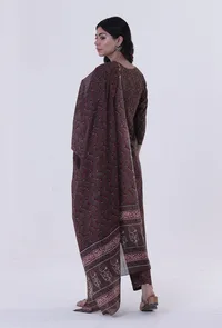 Set Of 3: Block Printed Green Color Cotton Kurta, Pant & Dupatta image 2