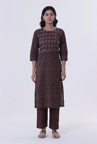 Set Of 3: Block Printed Green Color Cotton Kurta, Pant & Dupatta image 3