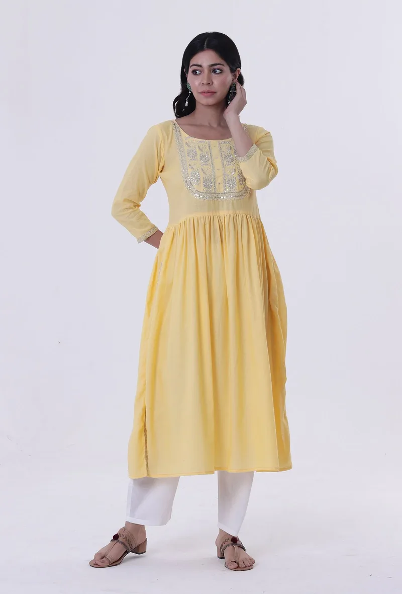 Set Of 2: Yellow & White Cotton Block Printed Kurta & Pant