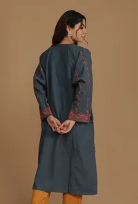 All-Over Embroidered Slate Grey Kashmiri Phiran- Free Size image 5