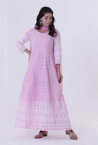 Set Of 2: Pink Cotton Chikankari Kurta & Dupatta Set image 3