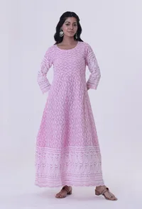 Set Of 2: Pink Cotton Chikankari Kurta & Dupatta Set image 4