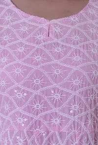 Set Of 2: Pink Cotton Chikankari Kurta & Dupatta Set image 6