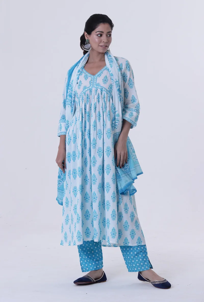 White Cotton Dupatta with Blue Motif