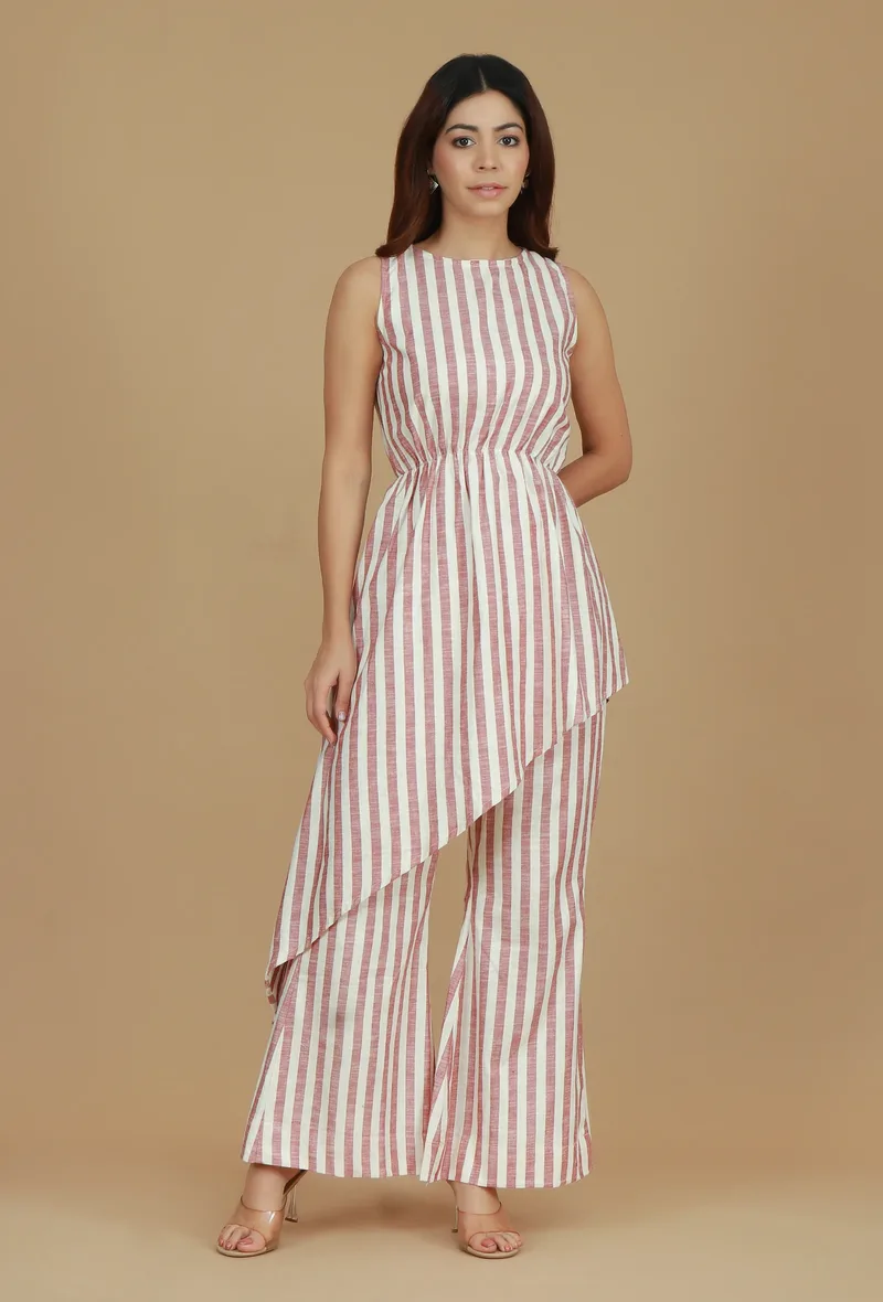 Set of 2  Rose & Ivory Striped Asymmetric Top with Matching Pants