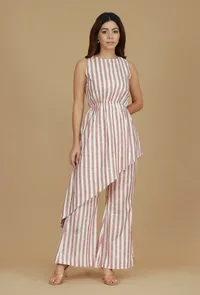 Set of 2  Rose & Ivory Striped Asymmetric Top with Matching Pants image 1